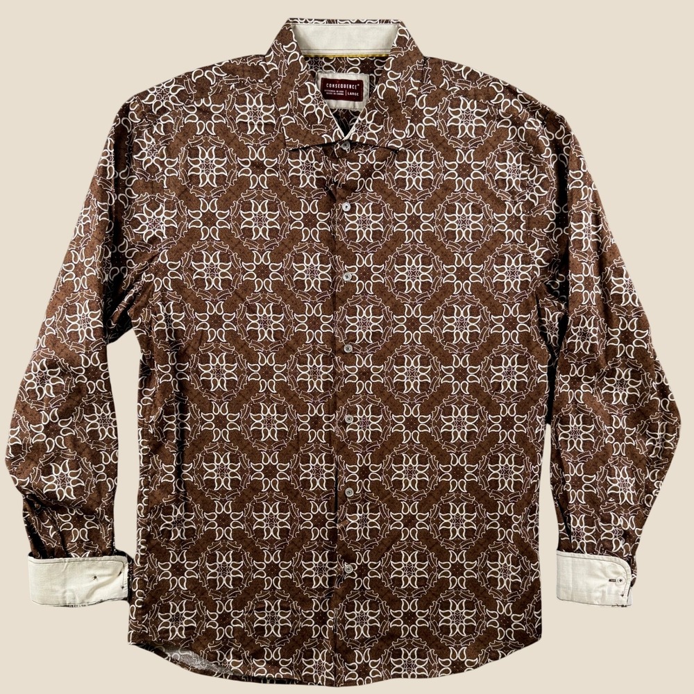 Consequence Button Up Mens L Brown Paisley Tile Flip Cuff Shirt Geometric